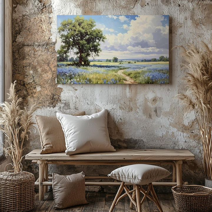 Blue Blossom Path Canvas – Idyllic Countryside Scene with Tree & Wildflower Field - Gifitto