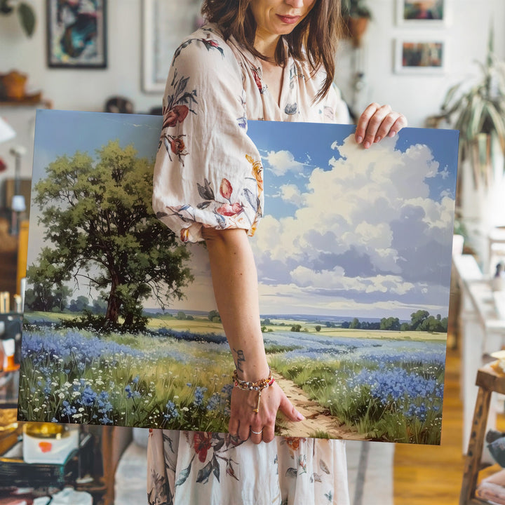 Blue Blossom Path Canvas – Idyllic Countryside Scene with Tree & Wildflower Field - Gifitto