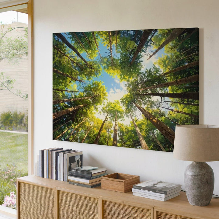 Infinite Forest Canopy Canvas – Radiant Green Trees in Circular Sky View - Gifitto