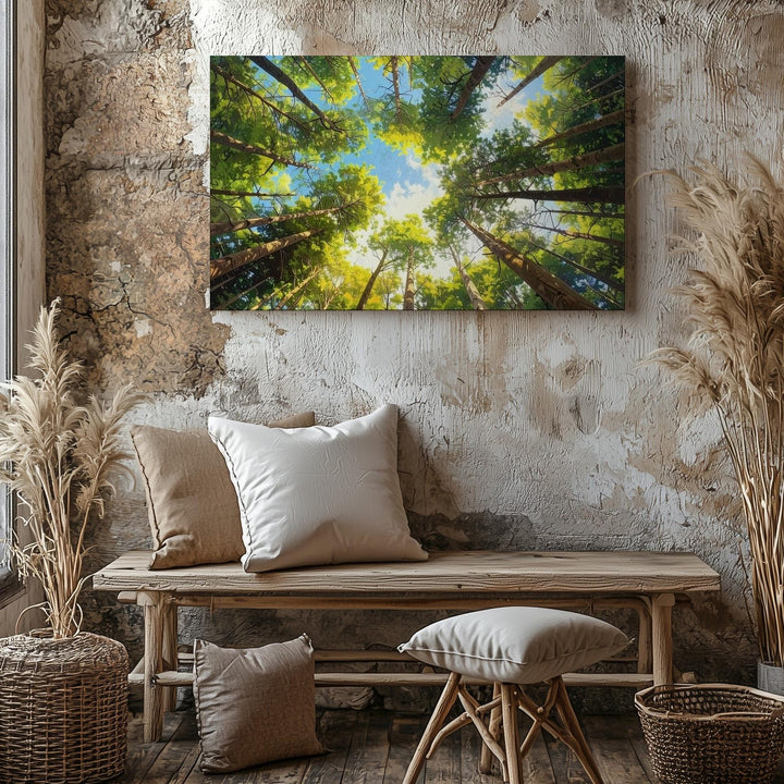 Infinite Forest Canopy Canvas – Radiant Green Trees in Circular Sky View - Gifitto