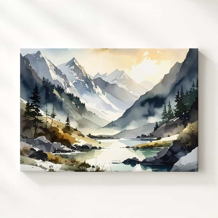 Misty Alpine Light Canvas – Soft Mountain Valley with River & Golden Sky - Gifitto