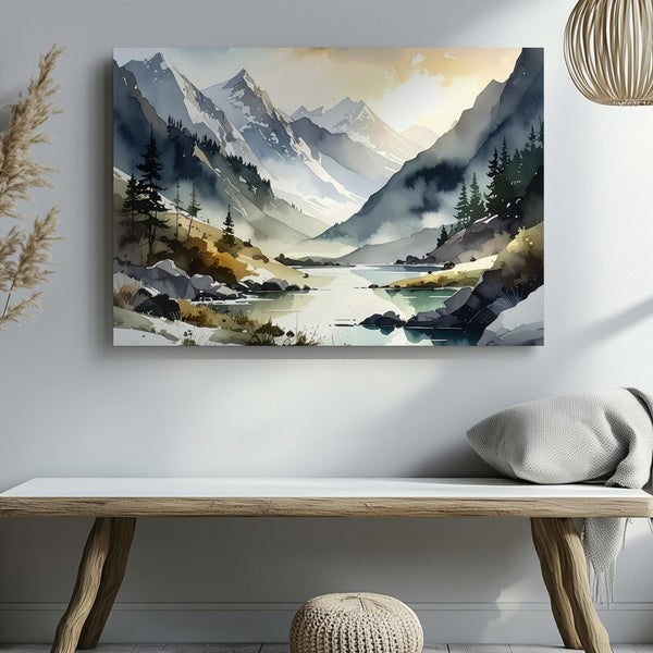 Misty Alpine Light Canvas – Soft Mountain Valley with River & Golden Sky - Gifitto