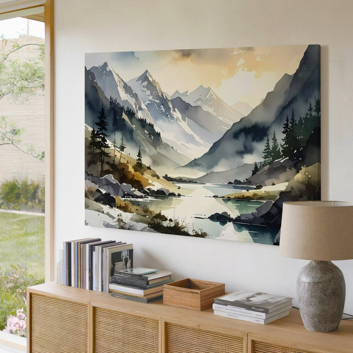 Misty Alpine Light Canvas – Soft Mountain Valley with River & Golden Sky - Gifitto