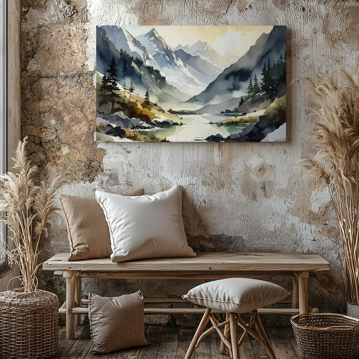 Misty Alpine Light Canvas – Soft Mountain Valley with River & Golden Sky - Gifitto