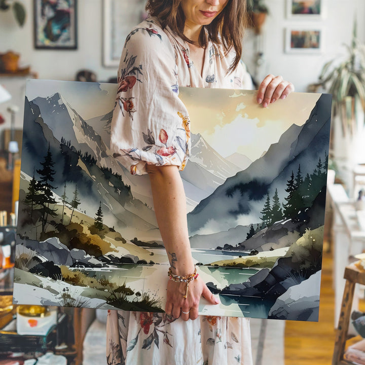 Misty Alpine Light Canvas – Soft Mountain Valley with River & Golden Sky - Gifitto