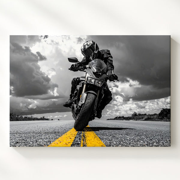 Monochrome Rider Canvas – Dramatic Sport Bike Wall Art with Yellow Accent - Gifitto