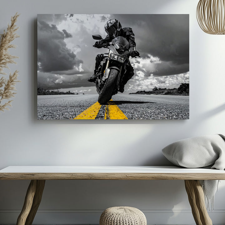 Monochrome Rider Canvas – Dramatic Sport Bike Wall Art with Yellow Accent - Gifitto