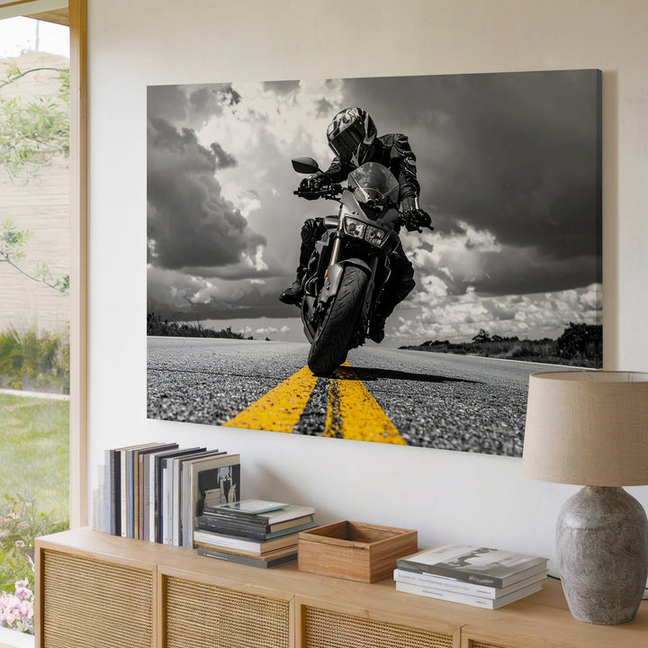 Monochrome Rider Canvas – Dramatic Sport Bike Wall Art with Yellow Accent - Gifitto