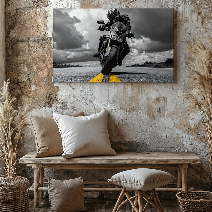 Monochrome Rider Canvas – Dramatic Sport Bike Wall Art with Yellow Accent - Gifitto
