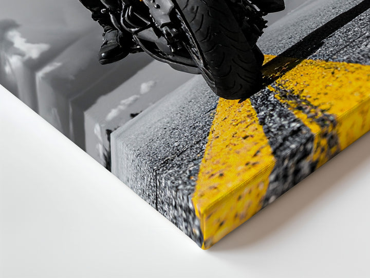 Monochrome Rider Canvas – Dramatic Sport Bike Wall Art with Yellow Accent - Gifitto