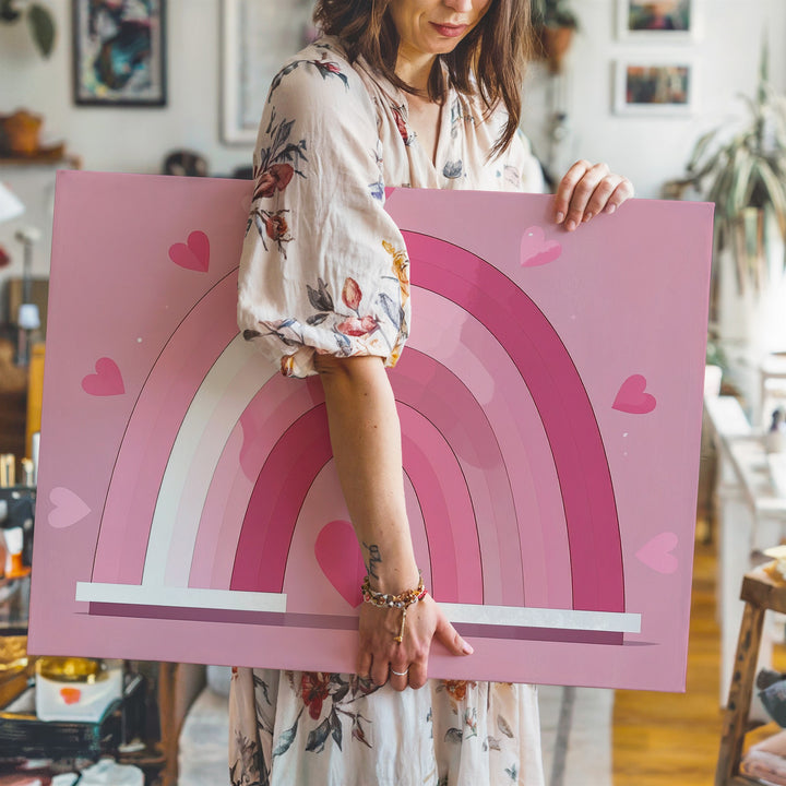 Pink Rainbow Heart Canvas – Minimalist Joyful Love Wall Art - Gifitto