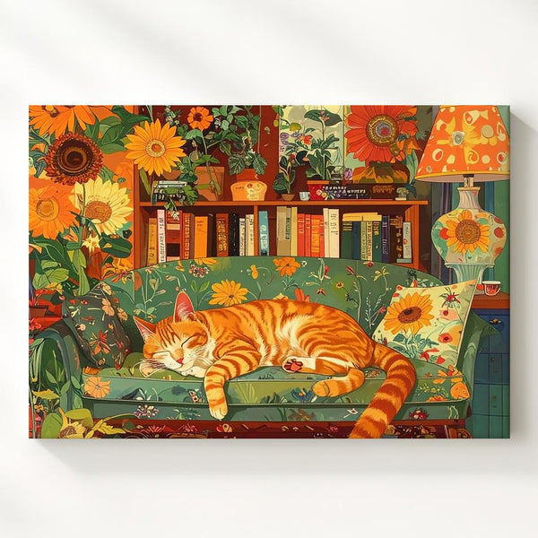 Retro Cozy Cat Canvas – 70s Style Home Decor with Sleeping Orange Cat - Gifitto