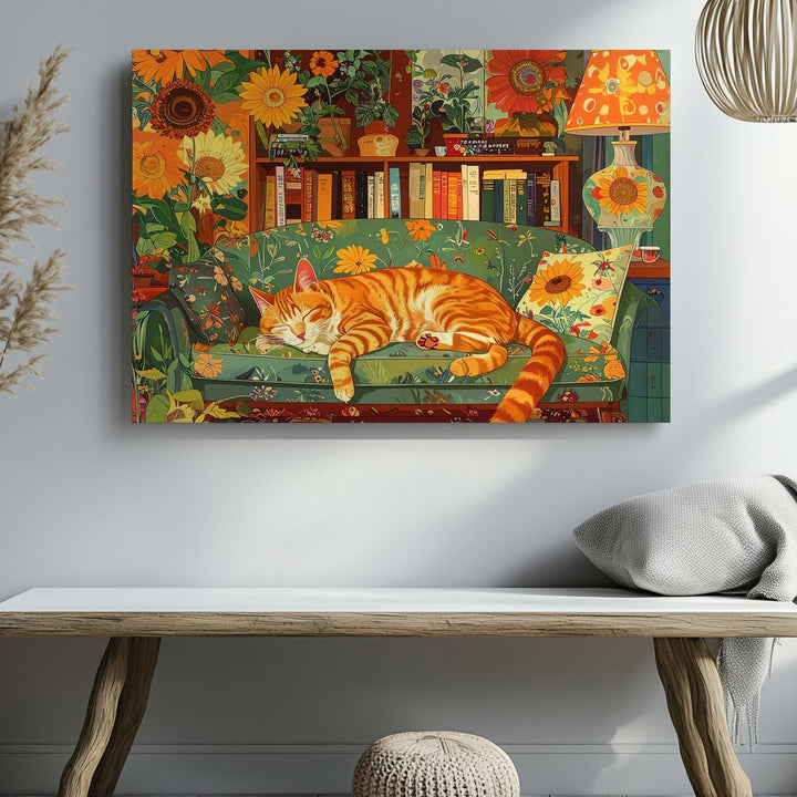 Retro Cozy Cat Canvas – 70s Style Home Decor with Sleeping Orange Cat - Gifitto