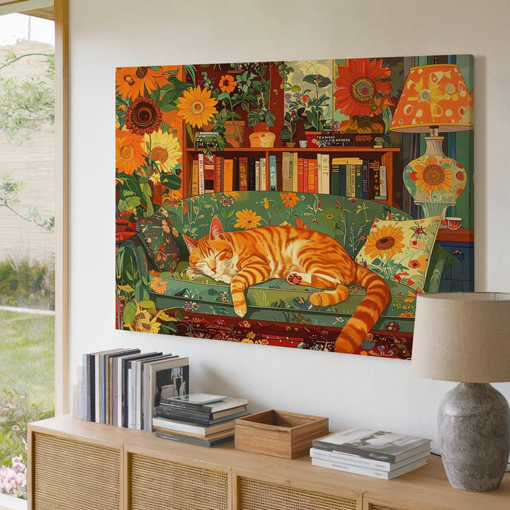 Retro Cozy Cat Canvas – 70s Style Home Decor with Sleeping Orange Cat - Gifitto