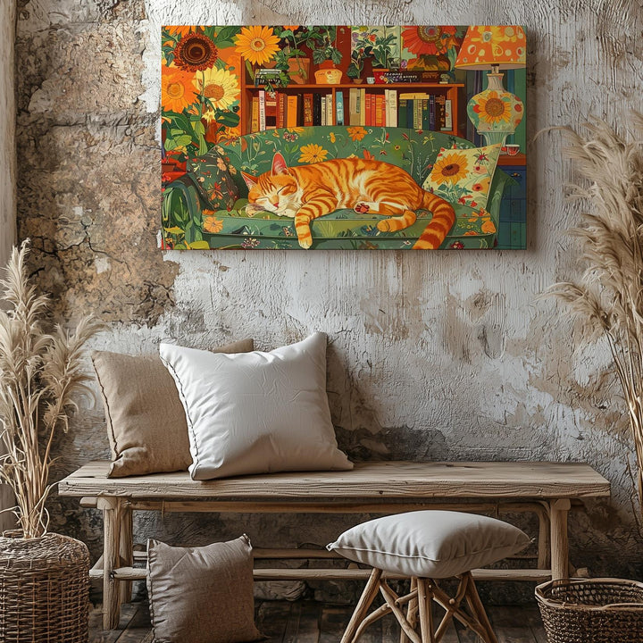 Retro Cozy Cat Canvas – 70s Style Home Decor with Sleeping Orange Cat - Gifitto