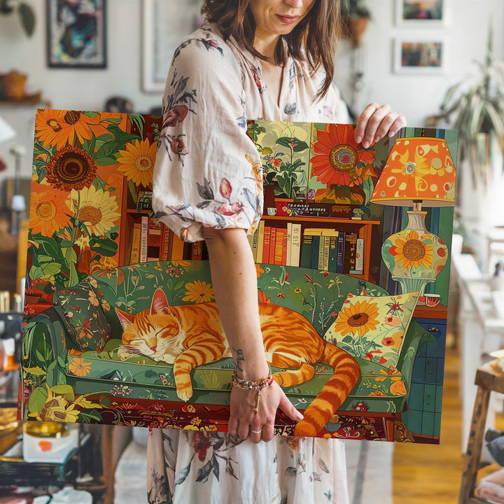 Retro Cozy Cat Canvas – 70s Style Home Decor with Sleeping Orange Cat - Gifitto
