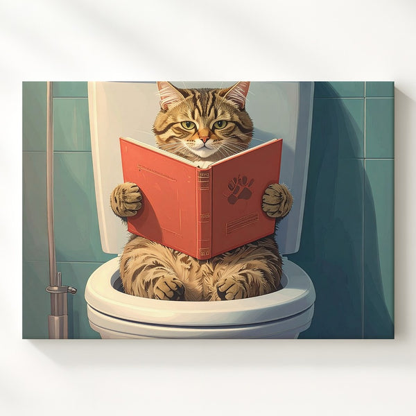 Literary Tabby Cat Canvas – Humorous Feline Reading on the Toilet - Gifitto