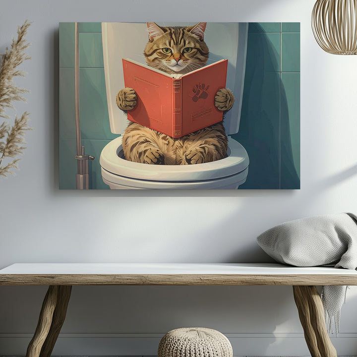 Literary Tabby Cat Canvas – Humorous Feline Reading on the Toilet - Gifitto
