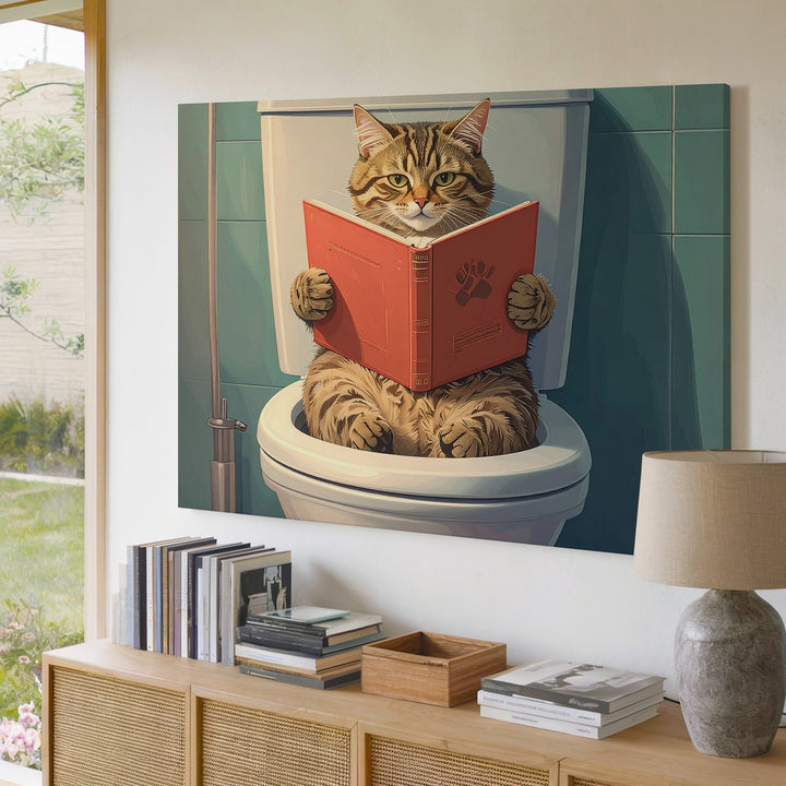 Literary Tabby Cat Canvas – Humorous Feline Reading on the Toilet - Gifitto