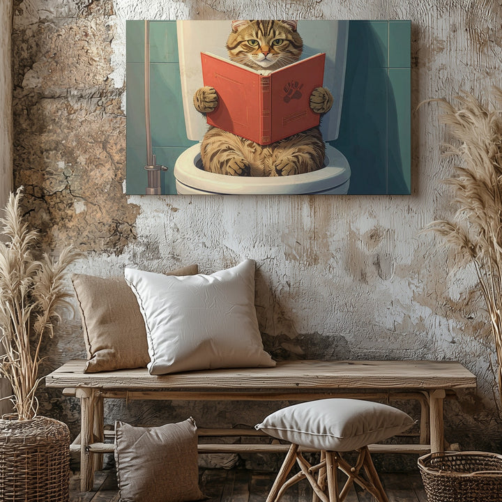 Literary Tabby Cat Canvas – Humorous Feline Reading on the Toilet - Gifitto
