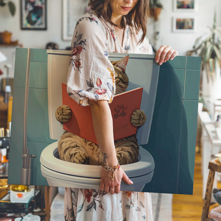 Literary Tabby Cat Canvas – Humorous Feline Reading on the Toilet - Gifitto