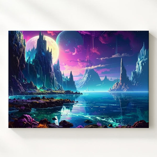 Alien Coastline Canvas – Ice Formations and Crescent Moon Landscape - Gifitto