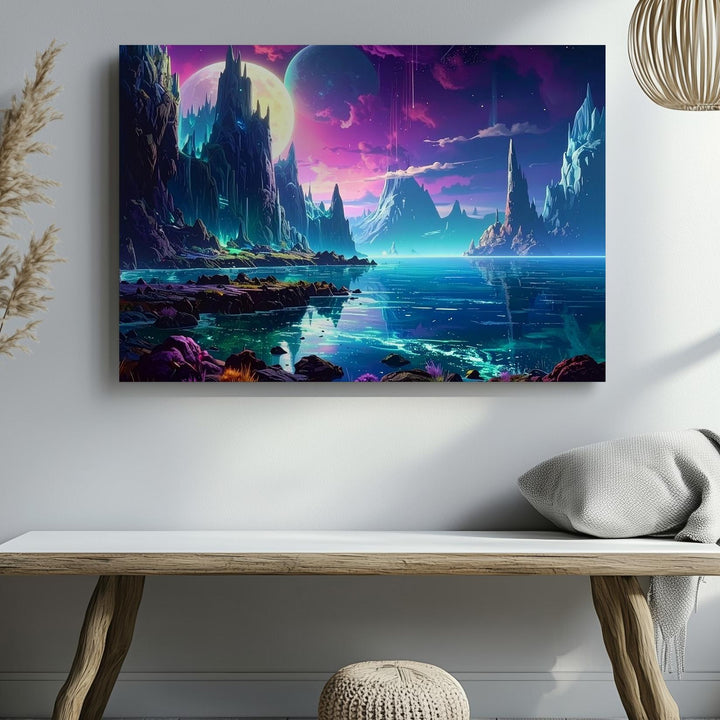 Alien Coastline Canvas – Ice Formations and Crescent Moon Landscape - Gifitto