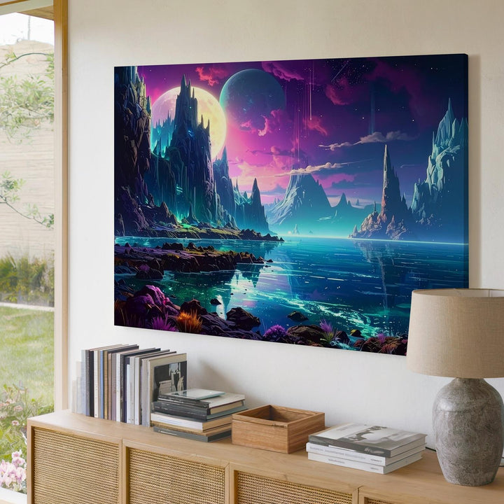 Alien Coastline Canvas – Ice Formations and Crescent Moon Landscape - Gifitto