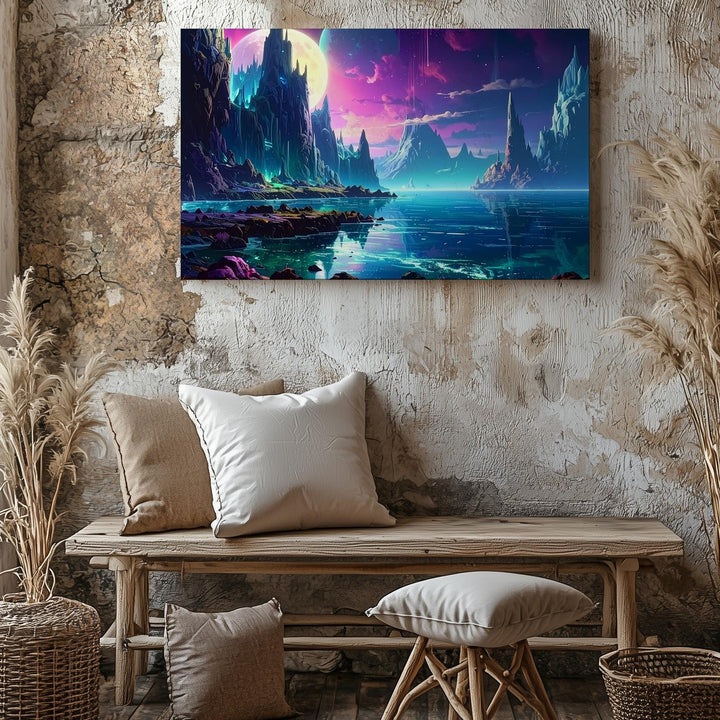 Alien Coastline Canvas – Ice Formations and Crescent Moon Landscape - Gifitto
