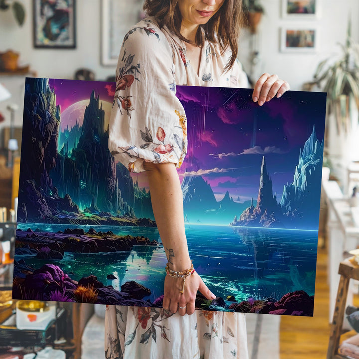 Alien Coastline Canvas – Ice Formations and Crescent Moon Landscape - Gifitto