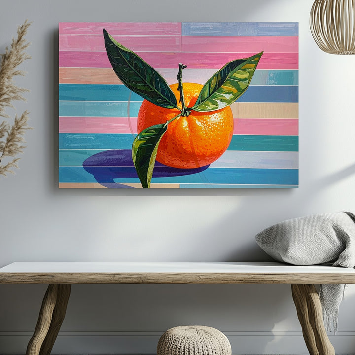 Pop Art Tangerine Canvas – Retro Fruit with Pastel Stripe Background - Gifitto