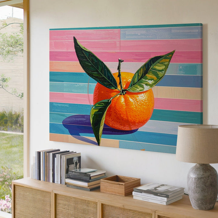 Pop Art Tangerine Canvas – Retro Fruit with Pastel Stripe Background - Gifitto