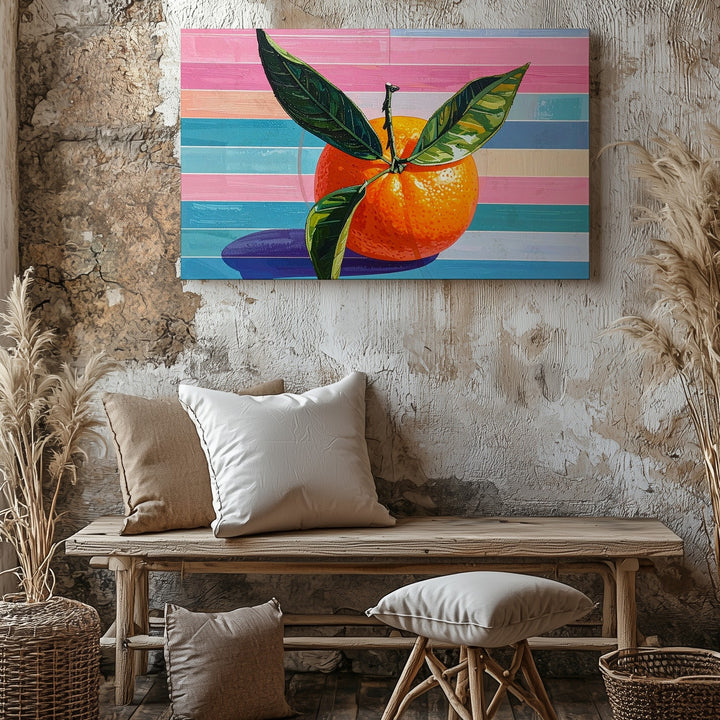 Pop Art Tangerine Canvas – Retro Fruit with Pastel Stripe Background - Gifitto