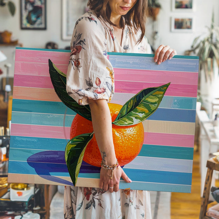 Pop Art Tangerine Canvas – Retro Fruit with Pastel Stripe Background - Gifitto