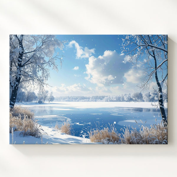 Frozen Lake Serenity Canvas – Peaceful Winter Landscape with Snow and Sky - Gifitto
