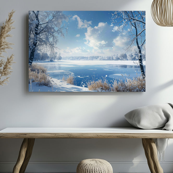 Frozen Lake Serenity Canvas – Peaceful Winter Landscape with Snow and Sky - Gifitto