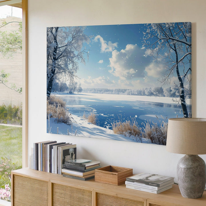Frozen Lake Serenity Canvas – Peaceful Winter Landscape with Snow and Sky - Gifitto