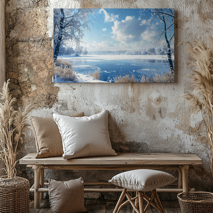 Frozen Lake Serenity Canvas – Peaceful Winter Landscape with Snow and Sky - Gifitto