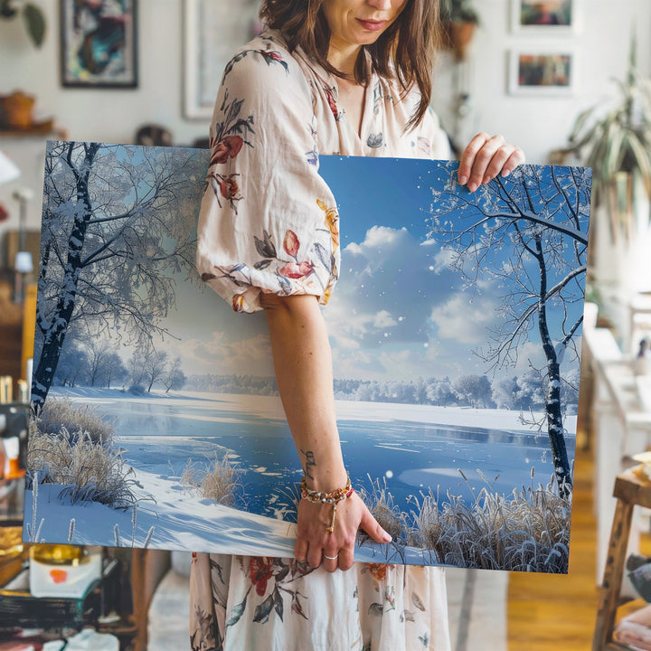 Frozen Lake Serenity Canvas – Peaceful Winter Landscape with Snow and Sky - Gifitto