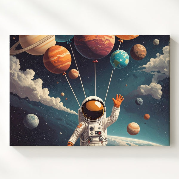 Balloon Planets Astronaut Canvas – Surreal Retro Sci-Fi Space Art - Gifitto