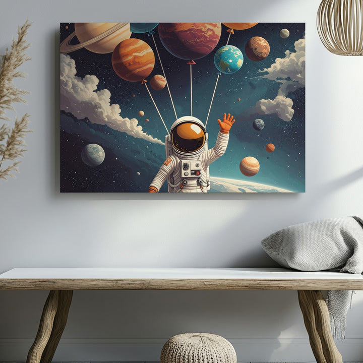 Balloon Planets Astronaut Canvas – Surreal Retro Sci-Fi Space Art - Gifitto