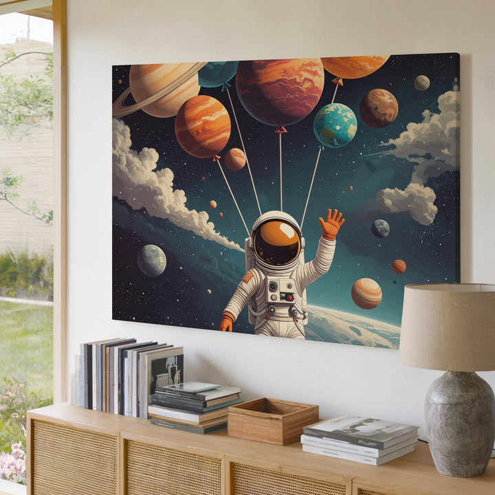 Balloon Planets Astronaut Canvas – Surreal Retro Sci-Fi Space Art - Gifitto