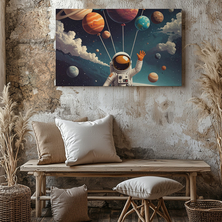 Balloon Planets Astronaut Canvas – Surreal Retro Sci-Fi Space Art - Gifitto