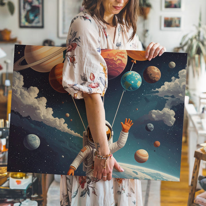 Balloon Planets Astronaut Canvas – Surreal Retro Sci-Fi Space Art - Gifitto