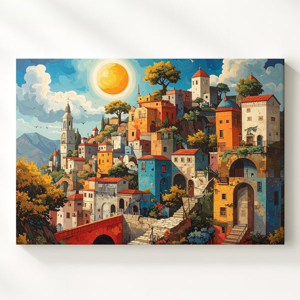 Whimsical Village Fantasy Canvas – Eiffel Tower Dreamscape Wall Art - Gifitto