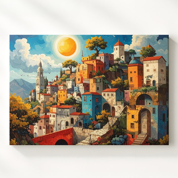 Whimsical Village Fantasy Canvas – Eiffel Tower Dreamscape Wall Art - Gifitto
