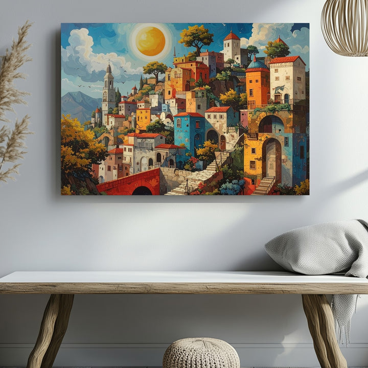 Whimsical Village Fantasy Canvas – Eiffel Tower Dreamscape Wall Art - Gifitto