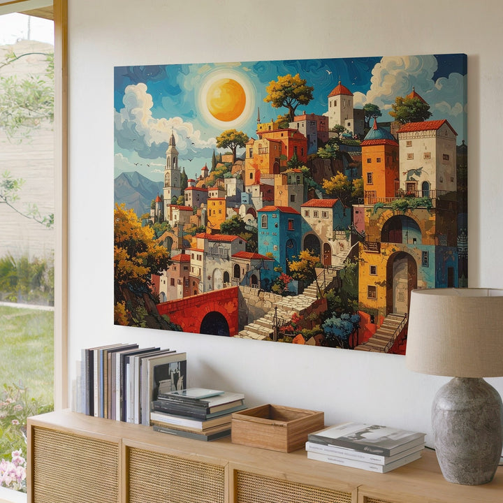 Whimsical Village Fantasy Canvas – Eiffel Tower Dreamscape Wall Art - Gifitto