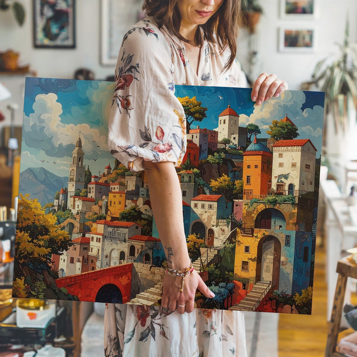 Whimsical Village Fantasy Canvas – Eiffel Tower Dreamscape Wall Art - Gifitto