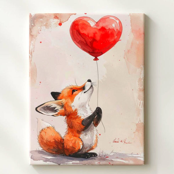 Whimsical Fox with Heart Balloon Canvas – Cute and Innocent Love Art - Gifitto